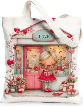 Generic Heart Pattern Canvas Tote Bags, Adorable Floral Design Reusable Grocery Bags, Spring Romantic Lightweight Washable Shoulder, White, 13x15 Inch