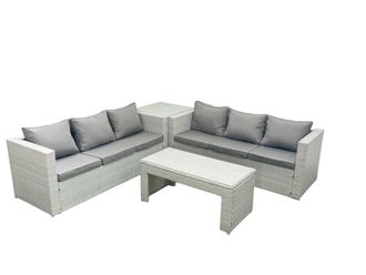 Fimous 6 Seater Garden Outdoor Rattan Furniture Set Rattan Garden Sofa Oblong Coffee Table with Side Table Light Grey Mixed