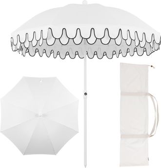 Jonathan Y Designs Horizon 6.5 ft. Classic MidCentury Scalloped Fringe Market Beach Umbrella with Push-Button Tilt, Wind Vent and UV Protection, and Matching Carry Bag i
