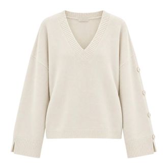 Akep Geborduurd V-hals Pullover - Dames - Truien - Beige - Maat: M Wol