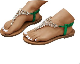 Generic Womens Sparkling Rhinestone Clear Strap Flip Flops Elastic Strap Flat Sandals Dressy Summer Beach Slide Cushioned Footbed Arch Support Shoe for Weddin