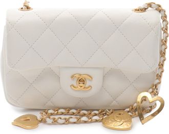 Chanel White Mini Rectangular Quilted Lambskin Heart Charms Flap