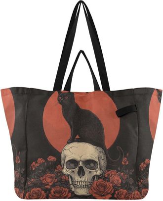 Generic Cat Skull Roses Red print Reusable Canvas Tote Bag, Heavy Duty Grocery Shopping Bag with Double Handles Large Capacity Hard Bottom Work Groceries Trav