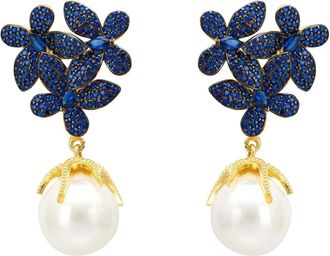 Latelita London Flowers Pearl Earrings Sapphire Blue Gold