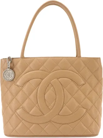 Chanel Beige Grained Calfskin Handbag Tote Bag (Pre-Owned)