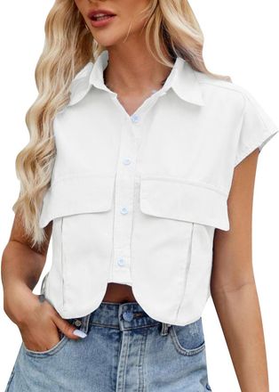 Generic Ladies Vest Lightweight Tank Tops Basic Camisole Womens Summer Cropped Short Cap Sleeve Shirts Solid Lapel Collar Button Down Crop Tops Blouse With Ch