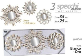 Trade Shop Trade Shop - Set 3pz Specchi Da Parete Decorativi Bianco Oro 25/35cm Specchio Plastica 823923