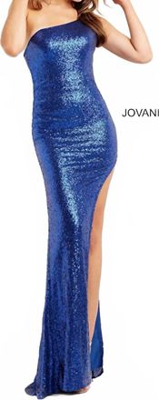 Jovani Sequin One Shoulder High Slit Fitted Prom Gown In Royal