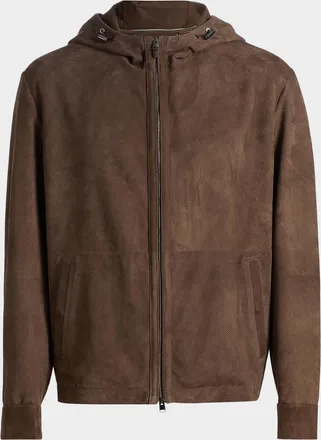 Canali Men & apos;s Perforated Leather Full-Zip Hooded Blouson