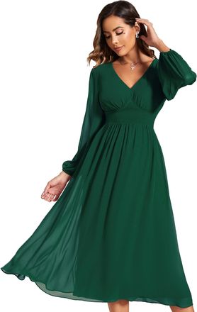 Ever-pretty Wedding Guest Dresses for Women Long Sleeve V Neck Evening Dress Dark Green 24