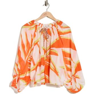 Diane Von F&uuml;rstenberg Celia Balloon Sleeve Cotton & Silk Top in Palm Geo Orange Giant at Nordstrom Rack, Size Xx-Small