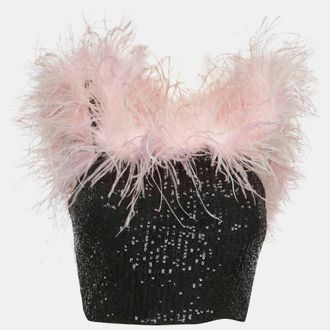 Self Portrait Black Sequin Feather Off shoulder Crop Top S