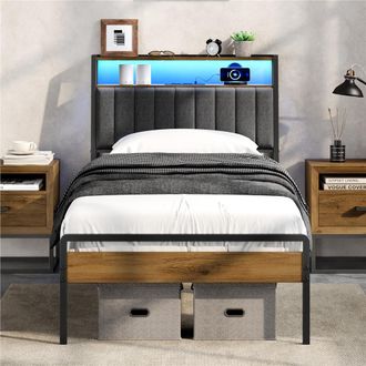 Yaheetech Homevive Marco De Cama Individual 90 &times; 200 Cm Con Cabecero Tapizado Estructura De Cama Con Luces Led Y Estaci&oacute;n De Carga, Estantes De Almacenamiento D