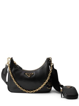 Prada Re-Edition shoulder bag - women - Enamel/Calf Leather/Nylon/Metal - OS - Black