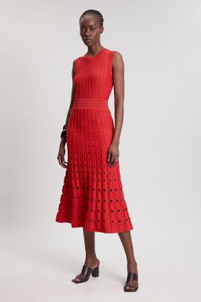 Karen Millen Womens Petite Knit Stitch Detail Sleeveless Midi Dress - Red Viscose - Size X-Small
