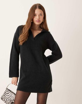 Abercrombie & Fitch long sleeve knitted dress in black with collar