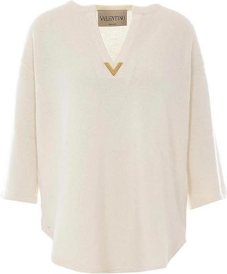 Valentino Garavani V-Logo Knit Top - Dames - Blouses - Wit - L - Wol - Overhemden