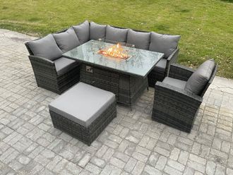 Fimous Rattan Garden Furniture High Back Corner Sofa Gas Fire Pit Dining Table Sets Gas Heater with Armchair Big Footstool 8 Seater in Dark Grey