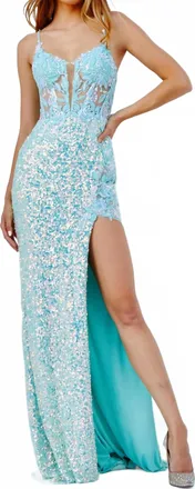 Jovani Womens Illusion Bodice Plunging Neck Prom Dress In Aqua