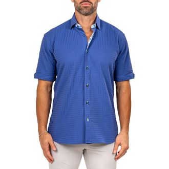 Maceoo Galileo Marthy Short Sleeve Cotton Button-Up Shirt in Blue at Nordstrom, Size 2