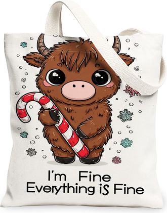 Generic Cute Animal Christmas Canvas Tote Bags, Fanciful Cow Design Reusable Grocery Bags, Holiday Lightweight Washable Shoulder St, White, 13x15 Inch