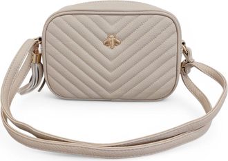 Generic Womens Quilted Crossbody Handbag, Beige Faux Leather, Gold Bee Emblem, Tassel Detail