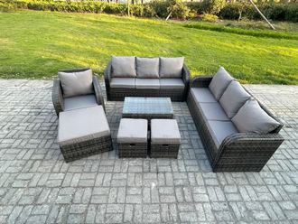 Fimous 10 Seater Rattan Lounge Sofa Set Outdoor Garden Furniture Set with Rectangular Coffee Table 3 Seater Sofa 3 Footstools in Dark Grey