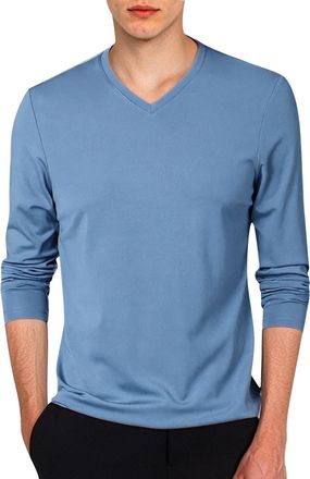 Generic Mens V Neck T-Shirts Long Sleeve Slim Fit T Shirts Casual Solid Color Basic Tees Tops (UK, Alpha, L, Regular, Regular, Light Blue)