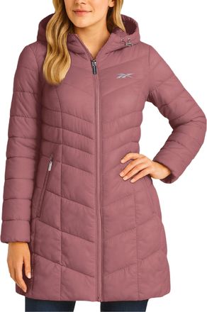 Reebok Womens Puffer Jacket - Long Quilted Hooded Winter Coat for Women - Lightweight Packable Outerwear Jackets for Women, Dark Dusty Rose, M