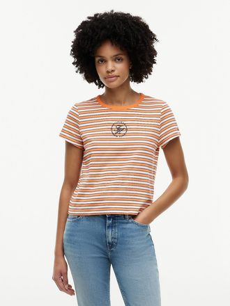 Tommy Hilfiger Womens Nautical Script Monogram Striped T-Shirt - Papaya Ray - XXL
