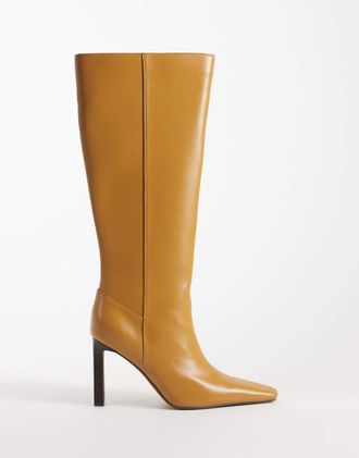 Asos stivali al ginocchio aderenti con tacco e punta squadrata Cassia color cammello-Neutro