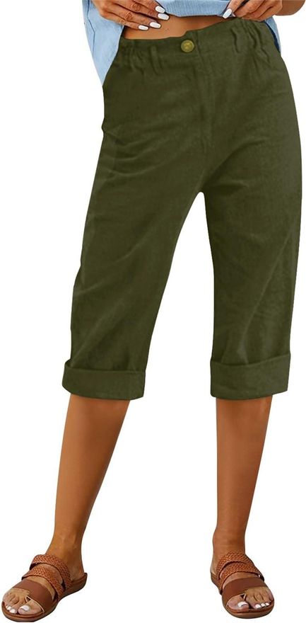 Cotton Linen Shorts for Women UK Elasticated High Waist Knee Length Trousers Solid Color Bermuda Shorts Baggy Lightweight Breathable Half Length Pants