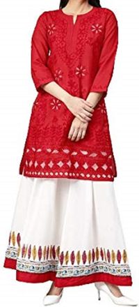 Generic TFGO Red Net Embroidery Lucknowi Chikankari Pure Cotton Kurti Kurta for Women (as8, alpha, m, regular, regular)