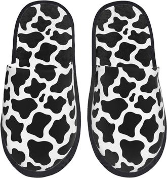 Generic Camping Slippers Cow Print Black White Plush Lined Fuzzy Slippers Warm Indoor Slipper Women & Men Sleepers For Indoor Autumn M