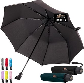 Gorilla Grip Compact Stick Umbrella for Rain, Travel One-Click Automatic Open Close, Lightweight, Portable, US Designed Reinforced Fiberglass Ribs, Wind Resistant 