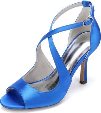 Generic Wedding Bridal Shoes Women Pumps Peep Satin Open Toe Strap Stiletto High Heel Dress Shoes Pumps Office Party Wedding9.5Cm,Royal Blue,10 UK