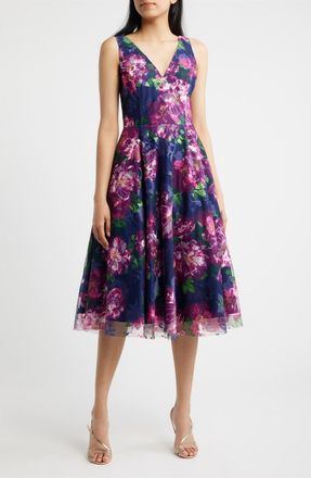 Eliza J Floral Print Sleeveless Fit & Flare Cocktail Dress in Navy Multi at Nordstrom, Size 14