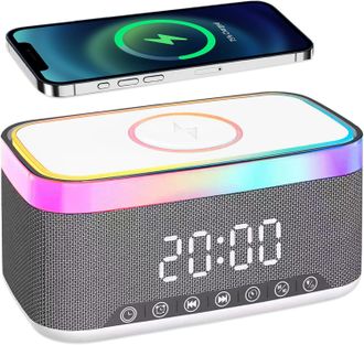 OEM Reloj Despertador Digital Con Luz Y Base De Carga, Reloj Despertador Digital 3 En 1 Con Altavoz Bluetooth, Cargador Inal&aacute;mbrico De 15 W, Doble Alarma,