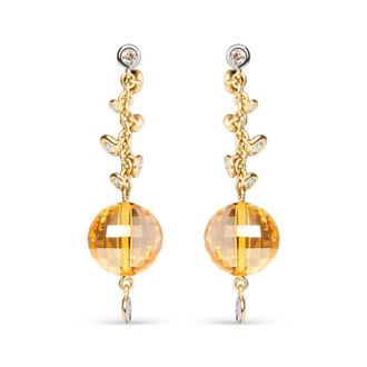 House of Brilliance 18K Yellow Gold 2/3 Cttw Round Bezel Diamond and 25mm Ball Shaped Yellow Citrine Gemstone Dangle Stud Earring