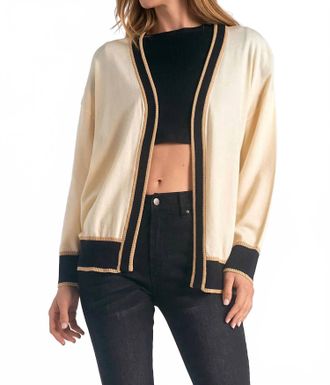 Elan Border Detail Sweater Cardigan In Off White Black