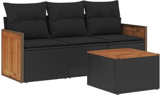 vidaXL Juego De Sof&aacute;s Jard&iacute;n 4 Pzas Con Cojines Rat&aacute;n Sint&eacute;tico Negro Vidaxl