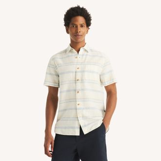 Nautica Mens Striped Short-Sleeve Linen Shirt