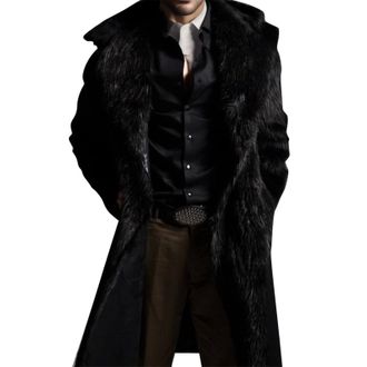 Generic Mens Faux Fur Coat Long Turn Collar Overcoat Mens Fluffy Heavyweight Trench Coat Long Sleeve Thicken Winter Outercoat Fur Collar Warm Cardigan Coat Ha