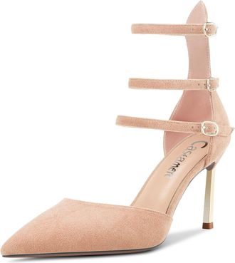 Castamere Women Stiletto High Heel Pointed Toe Ankle Strap Wedding Dress 8.5 CM Heels Beige 10.5 UK