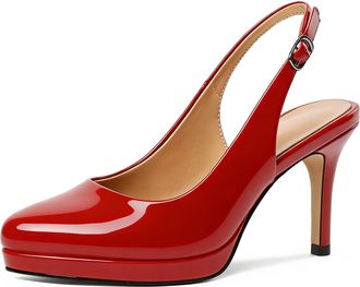EDEFS Womens Red Patent Slingback Heels with 3.5 Inch High Heel Platform Elegant Court Shoes for Office and Evening Wear UK2