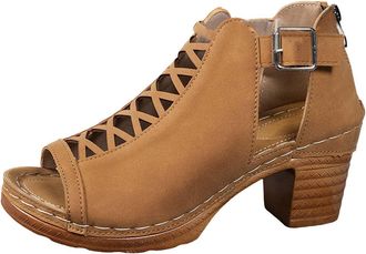 Generic Summer Womens Sandals & Slides Casual Side Hollow Belt Buckle Chunky Heel Slope Bottom Roman Shoes Summer Fashion Ladies Platform for Women (Brown, 7.