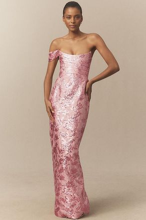 Sau Lee Jackson Jacquard Asymmetric Gown