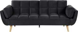 Beliani Velvet 3 Seater Sofa Bed Black Wooden Legs Woven Back Biscuit Padding Asby