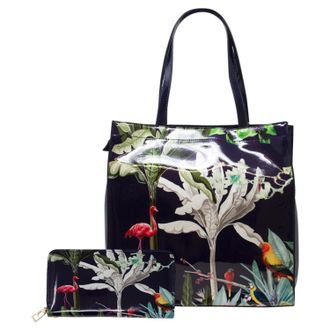 SVNX Womens Glossy Tropical Print Tote Bag & Purse Set - Black - One Size
