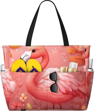 Generic Pink Flamingo Print Large Beach Bag Foldable Travel Shoulder Tote Bag With Pocket For Weekender Pool Vacation